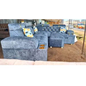 Modern 6-Seater L-Shaped Grey Suede Sofa Set with Ottoman & Cup Holders -  FFC5