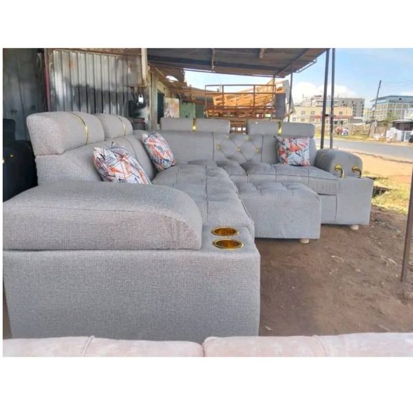 Modern 6-Seater L-Shaped Grey Suede Sofa Set with Ottoman & Cup Holders -  FFC5 - Image 3