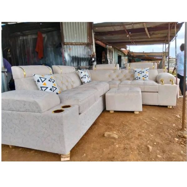 Modern 6-Seater L-Shaped Grey Suede Sofa Set with Ottoman & Cup Holders -  FFC5 - Image 2